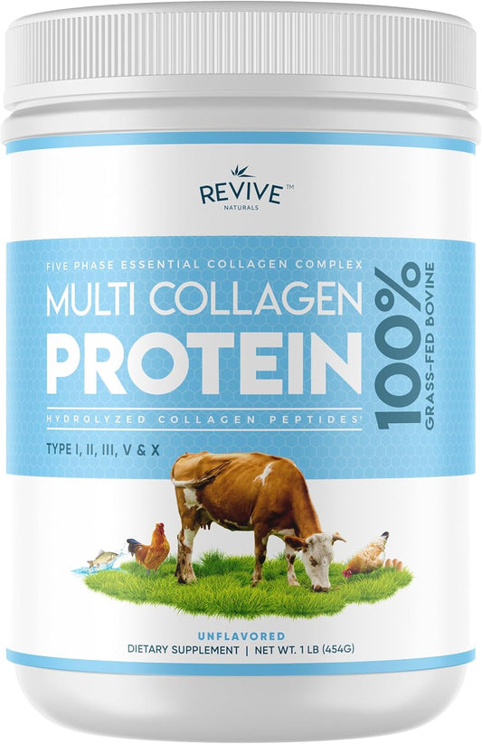 Revive Naturals Multi Collagen Protein Powder - 16oz, Types I, II, III, V & X - Grass Fed Bovine, Wild Caught Marine, Free Roaming Chicken & Eggshell Peptides