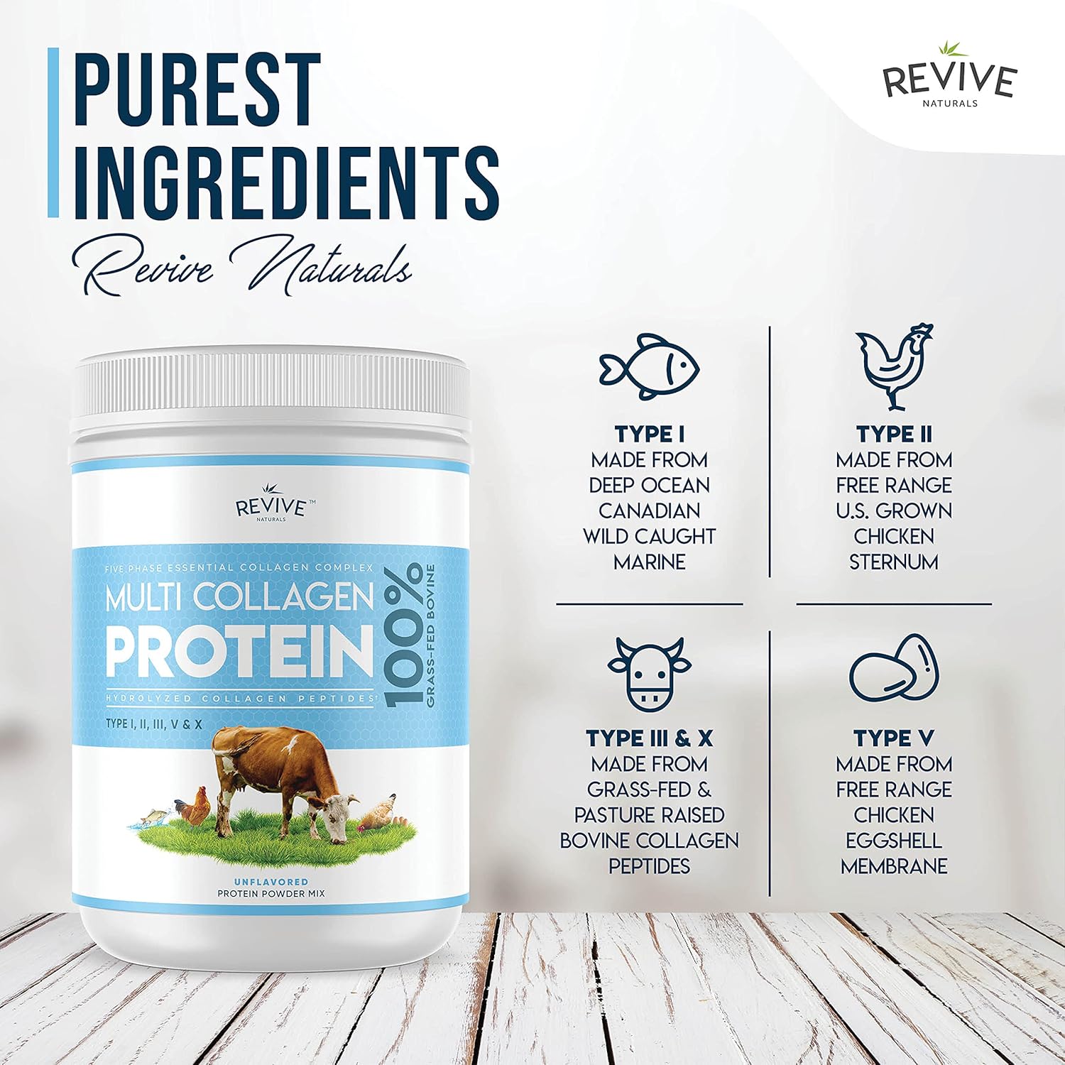 Revive Naturals Multi Collagen Protein Powder - 16oz, Types I, II, III, V & X - Grass Fed Bovine, Wild Caught Marine, Free Roaming Chicken & Eggshell Peptides