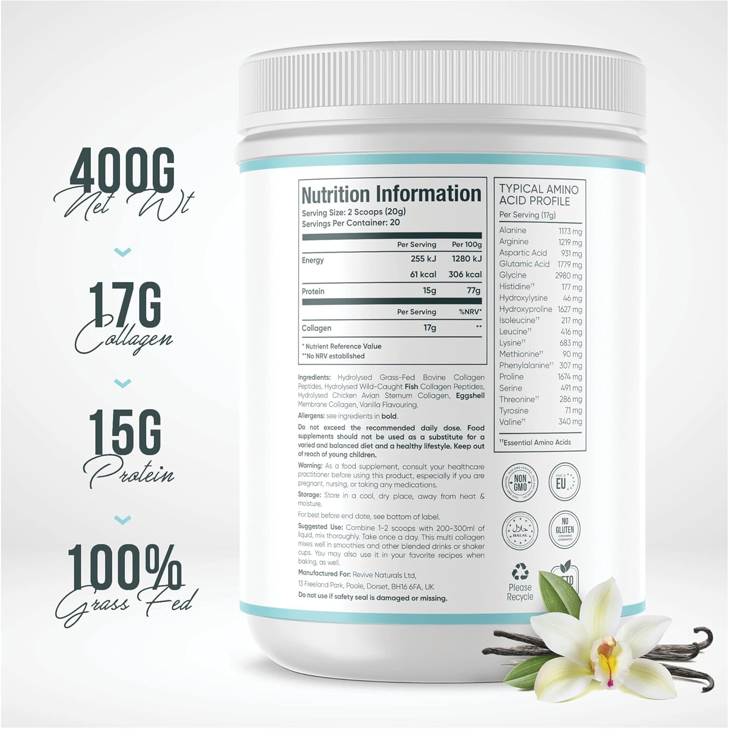 Revive Naturals Vanilla Multi Collagen Protein Powder - 400g - Unsweetened - 5 Types of Collagen Peptides - Grass Fed Bovine, Wild Caught Marine & Free-Range Chicken - Keto Friendly