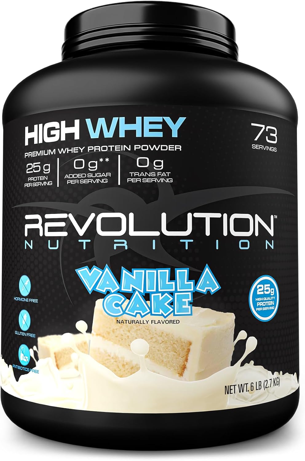 Revolution Nutrition High Whey Isolate Protein Powder - Gluten Free, 25g Protein Per Scoop, Lean Muscle Mass Builder for Men & Women - 2.7kg, 73 Servings - Vanilla Cake Flavor - 6 Pound Container