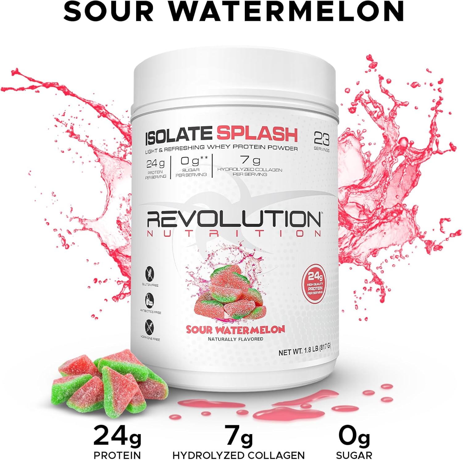 Revolution Nutrition Isolate Splash Clear Whey Protein Powder - Sour Watermelon Flavor, 24g Protein Per Serving, Zero Sugar, 817g
