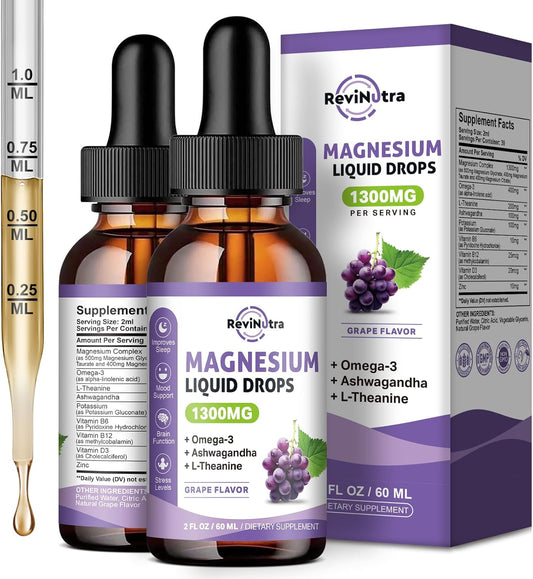 Revolutionary 2 Pack Magnesium Liquid Drops with Potassium, Omega3, L-Theanine & Ashwagandha, Sleep Aid & Heart Health, Grape Flavor