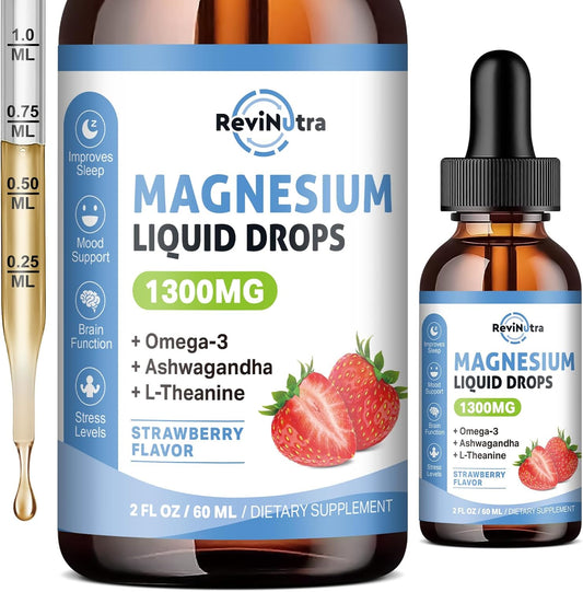 Revolutionary Triple Magnesium Complex Liquid Drops with Omega3, Ashwagandha, and Vitamins for Calmness and Muscle Health - Strawberry Flavor, 2 Fl OZ