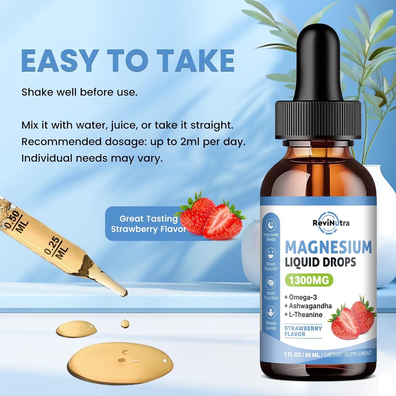 Revolutionary Triple Magnesium Complex Liquid Drops with Omega3, Ashwagandha, and Vitamins for Calmness and Muscle Health - Strawberry Flavor, 2 Fl OZ