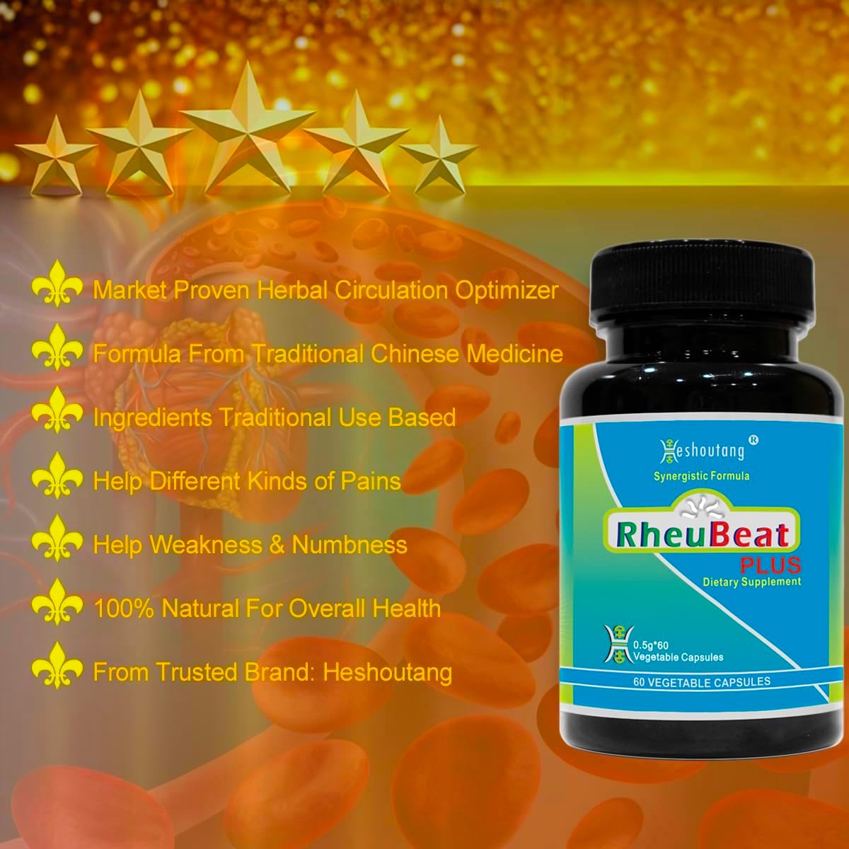 RheuBeatPlus: Herbal Blood Flow Optimizer for Circulation & Pain - Cardiovascular Health - 60 Veg Capsules