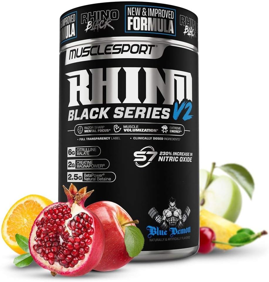Rhino Black® Pre Workout V2: Powerful Preworkout Powder for Men & Women - Blue Demon Flavor, 460g (20 Servings)