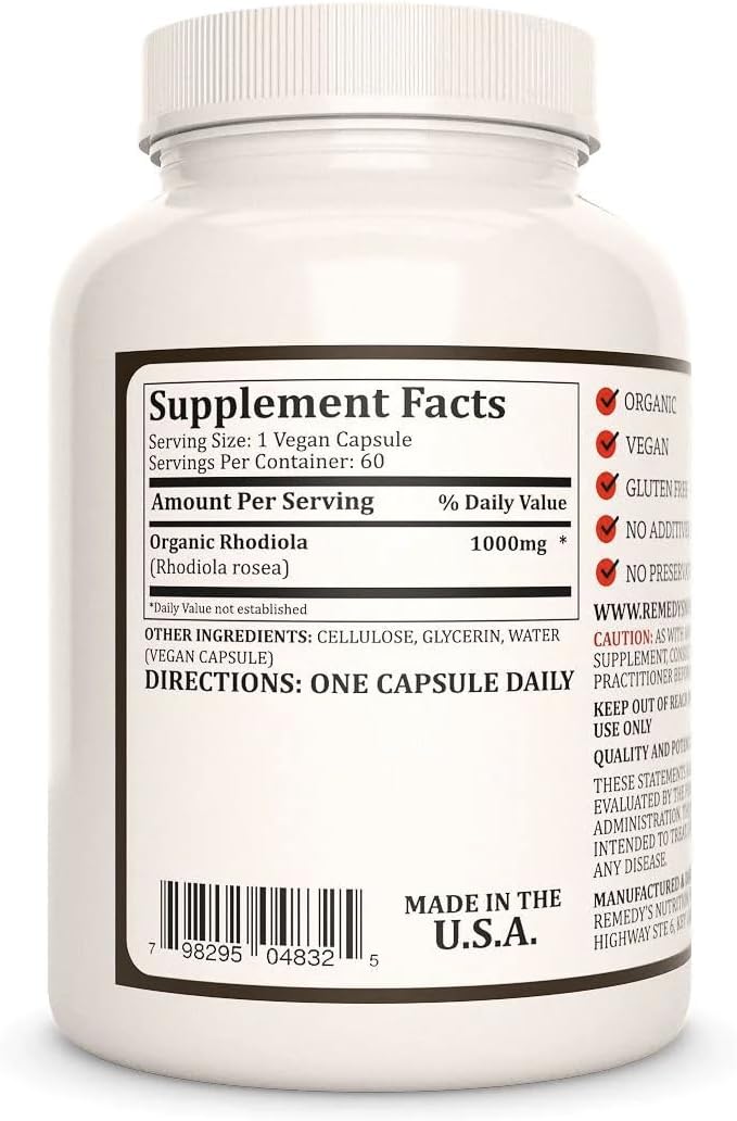 Rhodiola Herbal Dietary Supplement 1000mg - 60 Capsules, 2 Month Supply - Non-GMO, Gluten-Free, Dairy Free