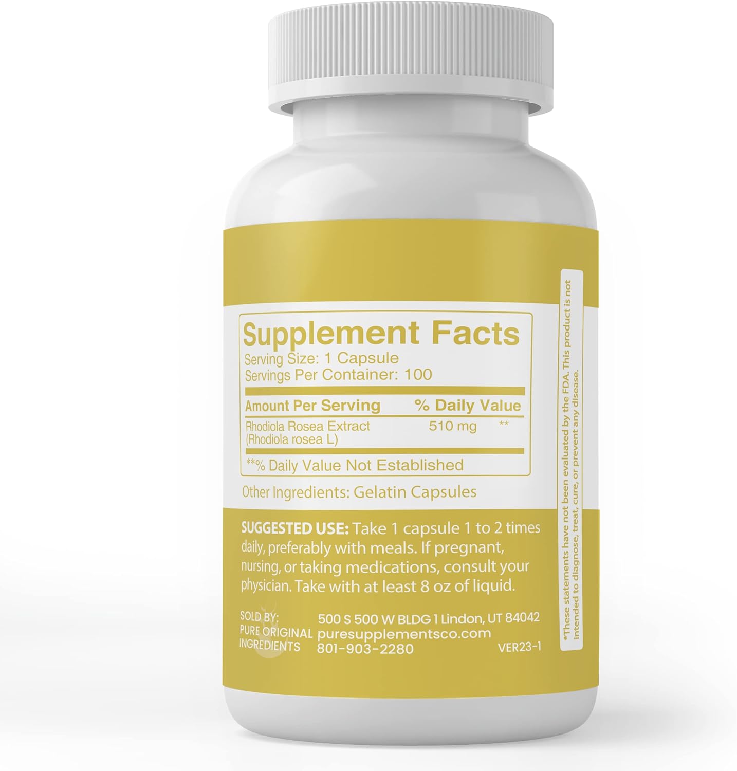 Rhodiola Rosea Capsules - 100 Count, Pure Ingredients, No Additives, Lab Verified