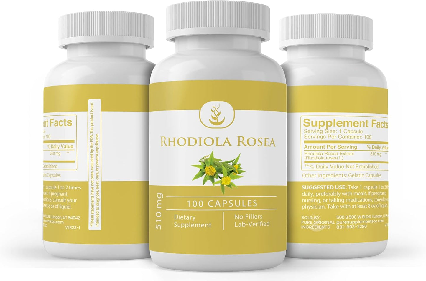 Rhodiola Rosea Capsules - 100 Count, Pure Ingredients, No Additives, Lab Verified