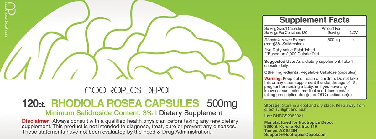 Rhodiola Rosea Capsules 500mg | 3% Salidroside | 120 Count | Adaptogen Herb | Ayurvedic Supplement | Stress Support & Brain Health