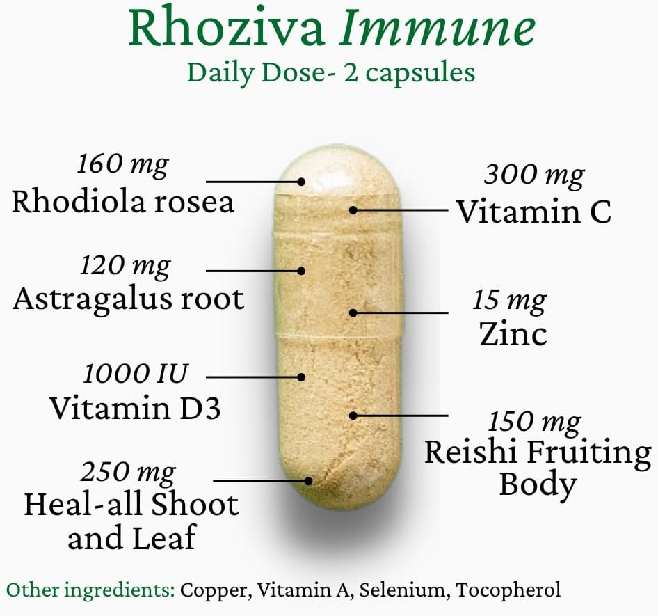 Rhoziva Immune Support and Energy Booster Supplement with Vitamin C, D3, and Zinc - Rhodiola Rosea, Reishi Mushroom, Astragalus - 60 Capsules - BoostGo Australia