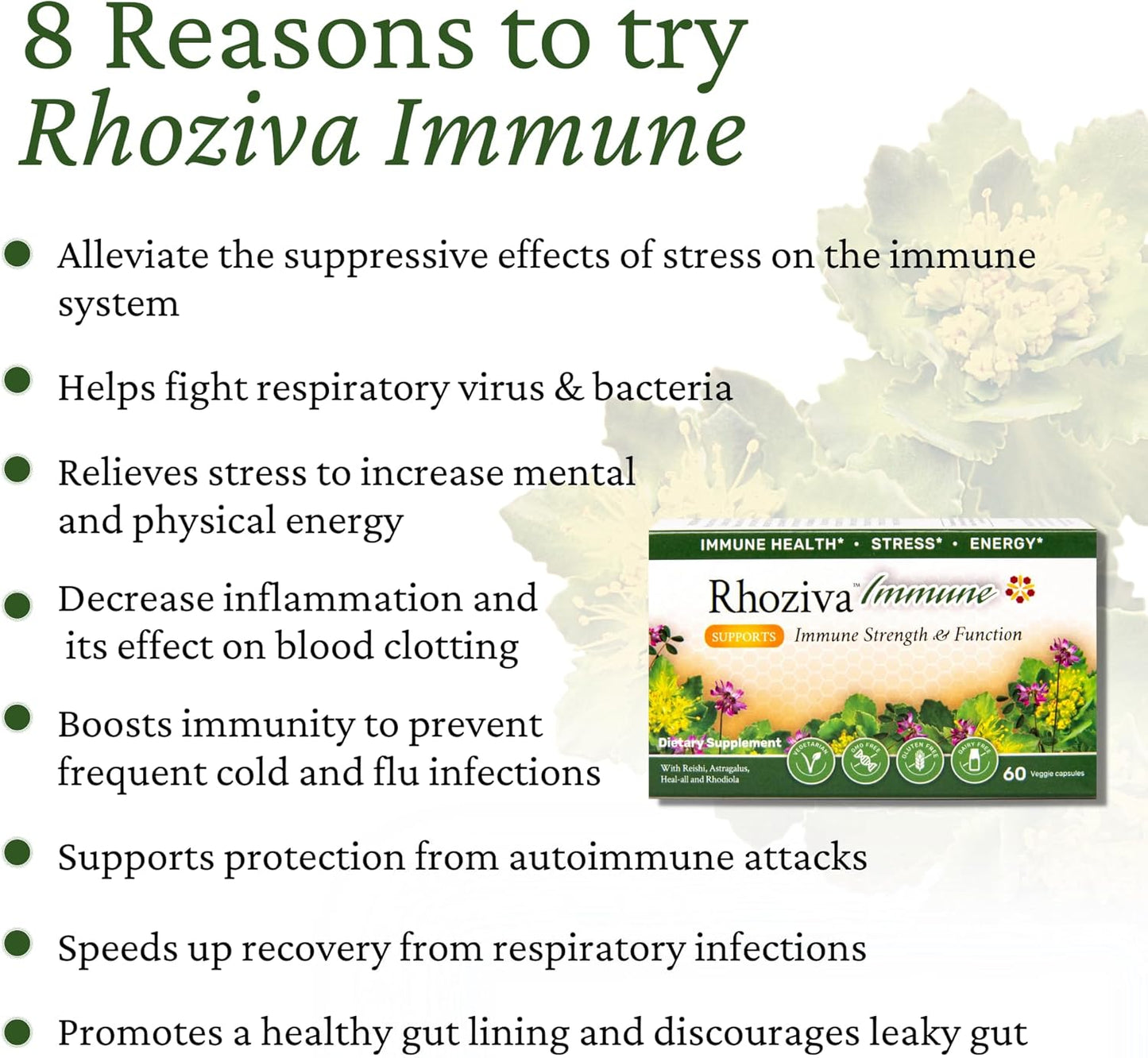Rhoziva Immune Support and Energy Booster Supplement with Vitamin C, D3, and Zinc - Rhodiola Rosea, Reishi Mushroom, Astragalus - 60 Capsules - BoostGo Australia