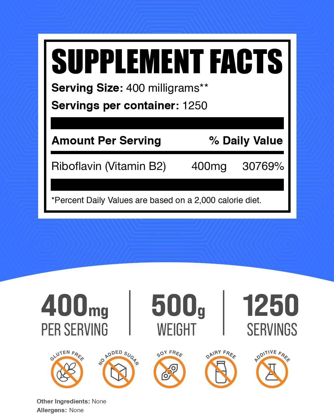 Riboflavin 400mg Powder Supplement - B Vitamins for Wellness - Gluten Free - 500g (1.1 lbs) - Bulk Size