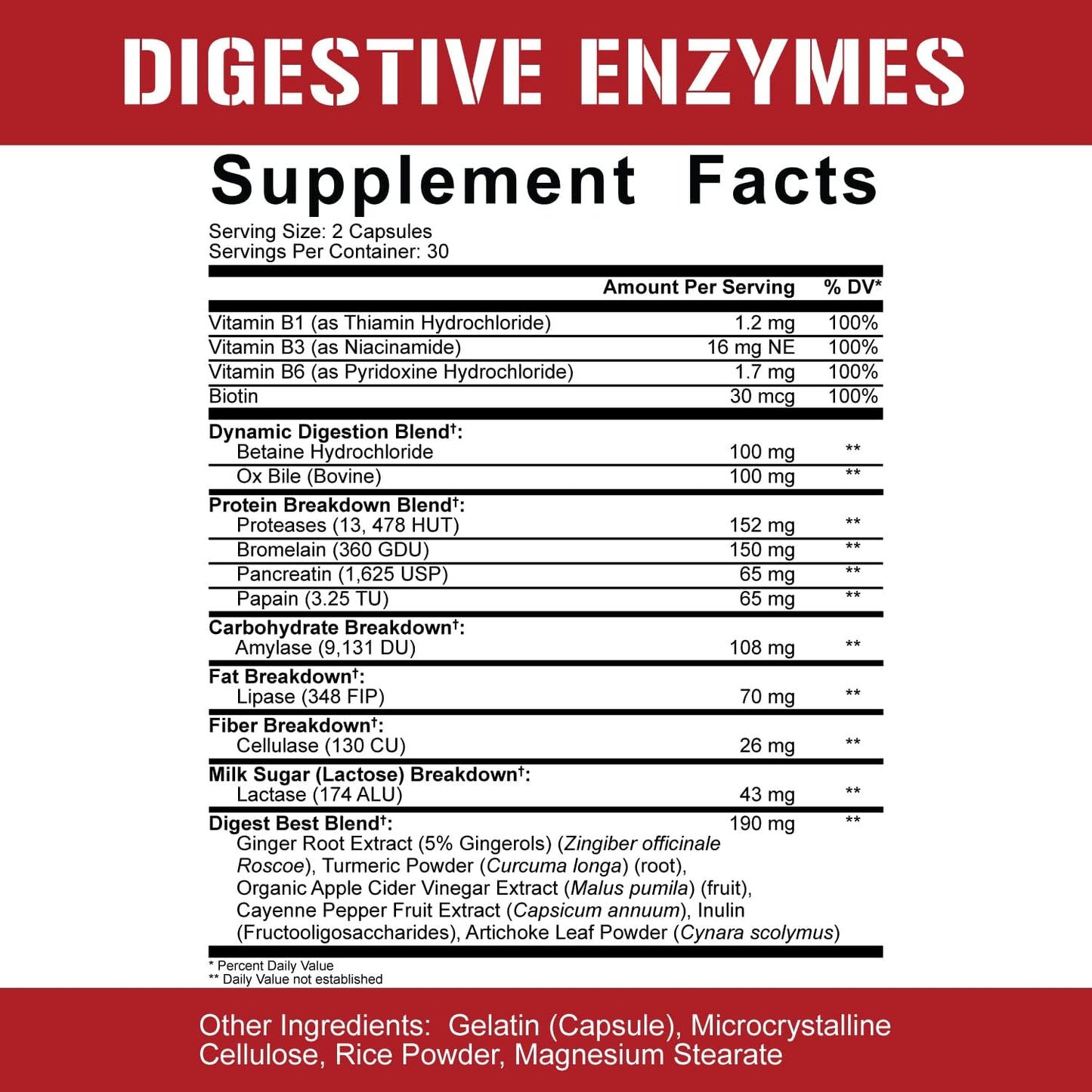 Rich Piana Digestive Enzymes with Vitamin B Complex for Protein, Carb, Fat, Fiber & Lactose Breakdown - 60 Vegetarian Capsules
