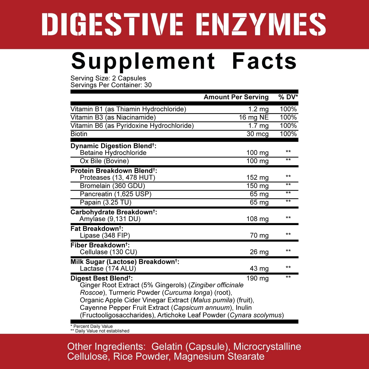 Rich Piana Digestive Enzymes with Vitamin B Complex for Protein, Carb, Fat, Fiber & Lactose Breakdown - 60 Vegetarian Capsules