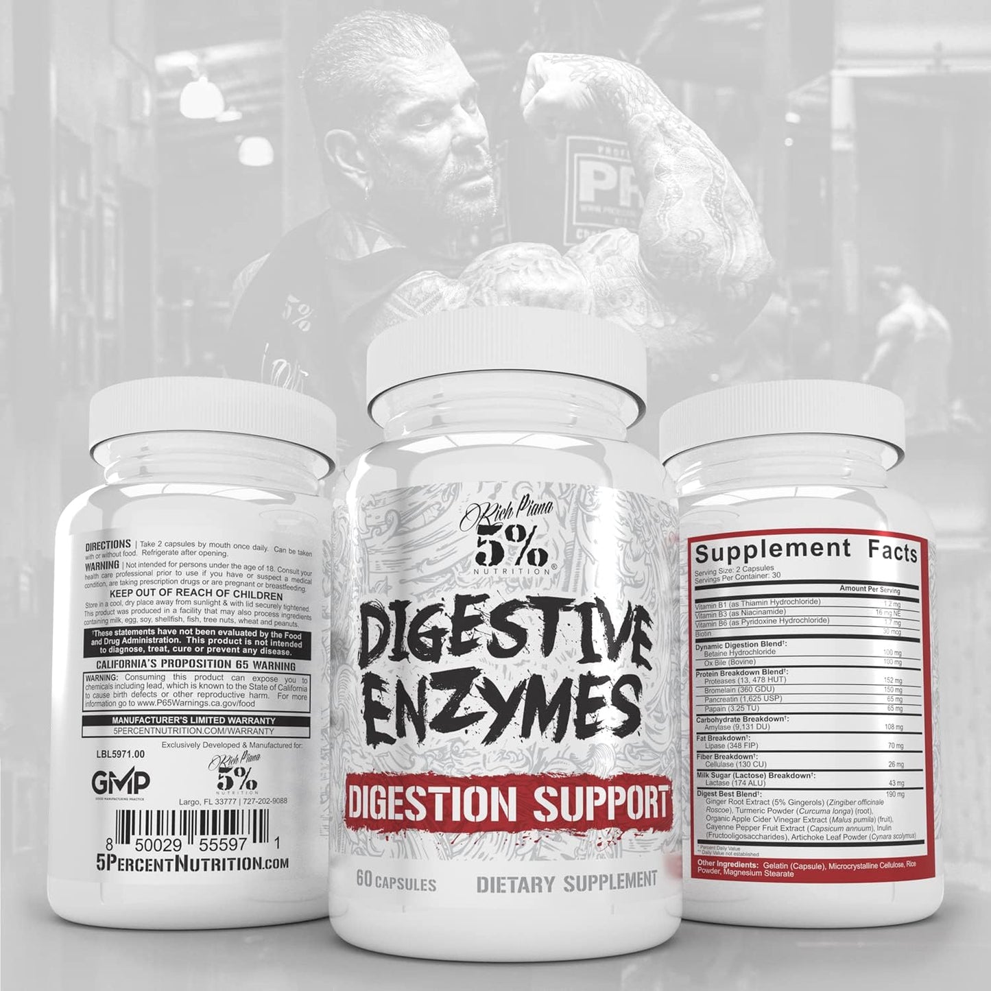 Rich Piana Digestive Enzymes with Vitamin B Complex for Protein, Carb, Fat, Fiber & Lactose Breakdown - 60 Vegetarian Capsules