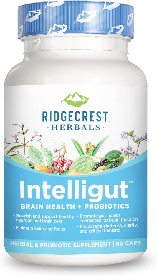 RidgeCrest Herbals Intelligut: Memory and Focus Supplement with Ginkgo Biloba, Lemon Balm Extract, Probiotics - 60 Vegan Capsules