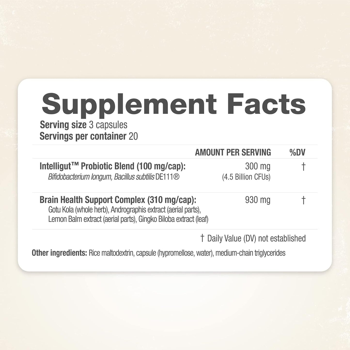 RidgeCrest Herbals Intelligut: Memory and Focus Supplement with Ginkgo Biloba, Lemon Balm Extract, Probiotics - 60 Vegan Capsules