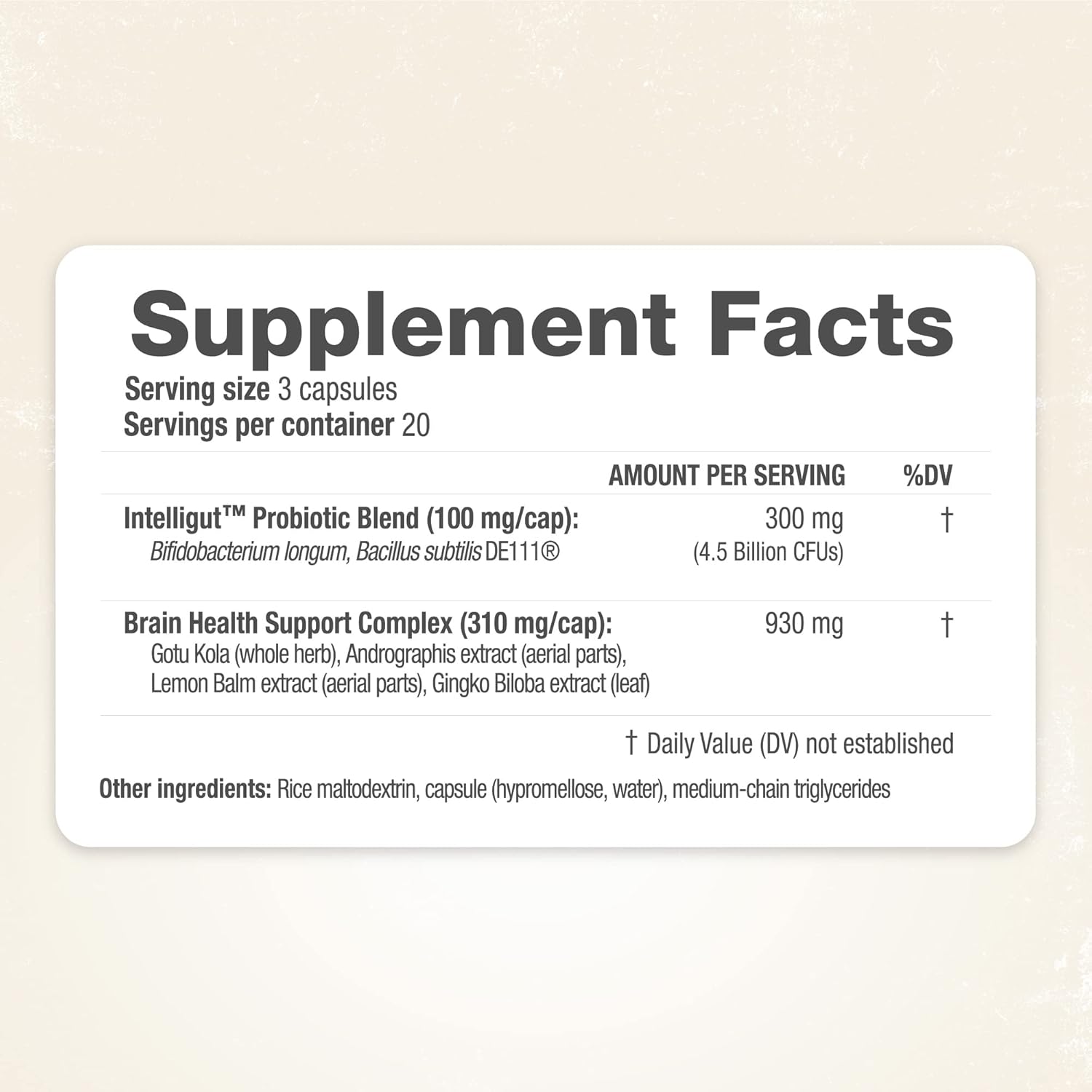 RidgeCrest Herbals Intelligut: Memory and Focus Supplement with Ginkgo Biloba, Lemon Balm Extract, Probiotics - 60 Vegan Capsules