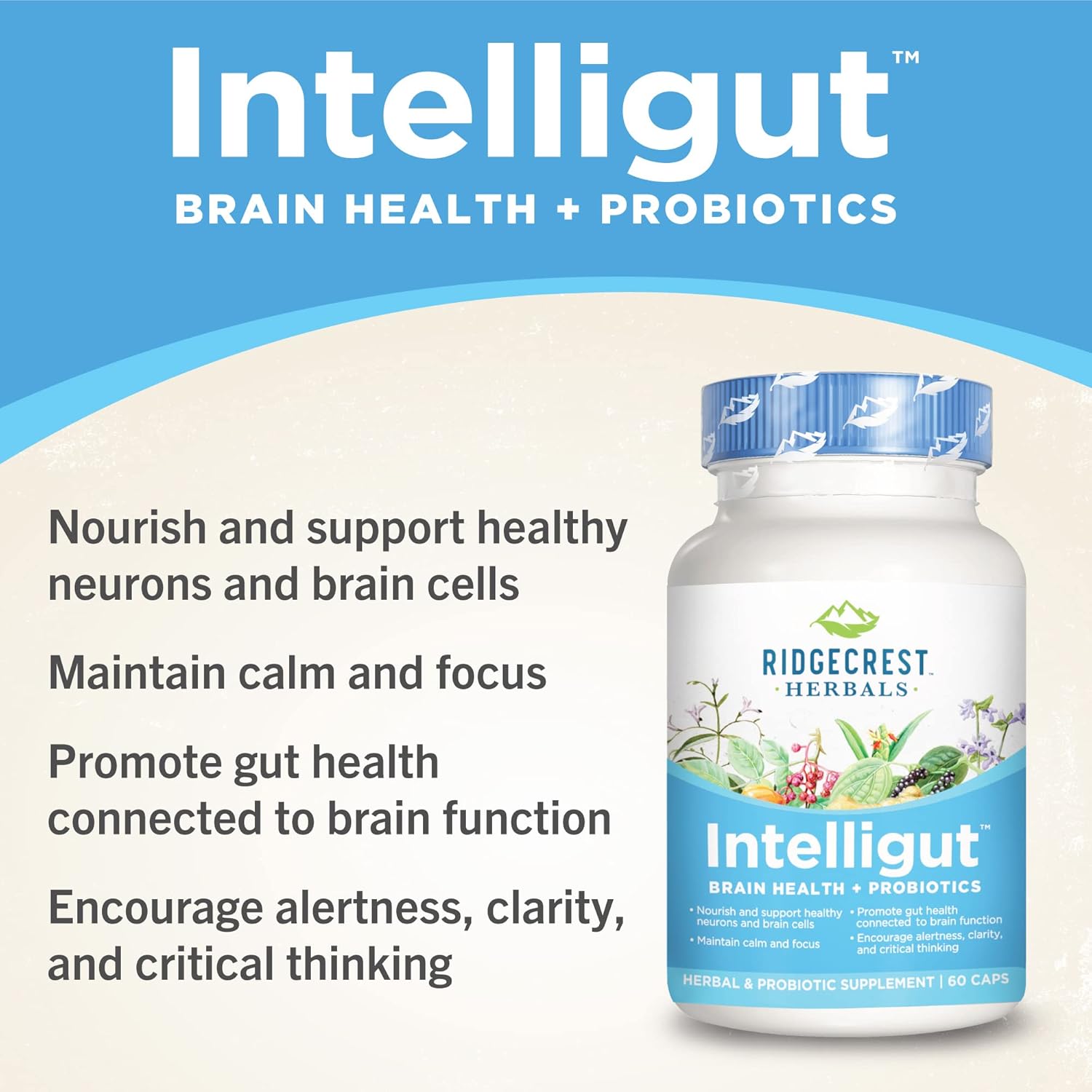 RidgeCrest Herbals Intelligut: Memory and Focus Supplement with Ginkgo Biloba, Lemon Balm Extract, Probiotics - 60 Vegan Capsules