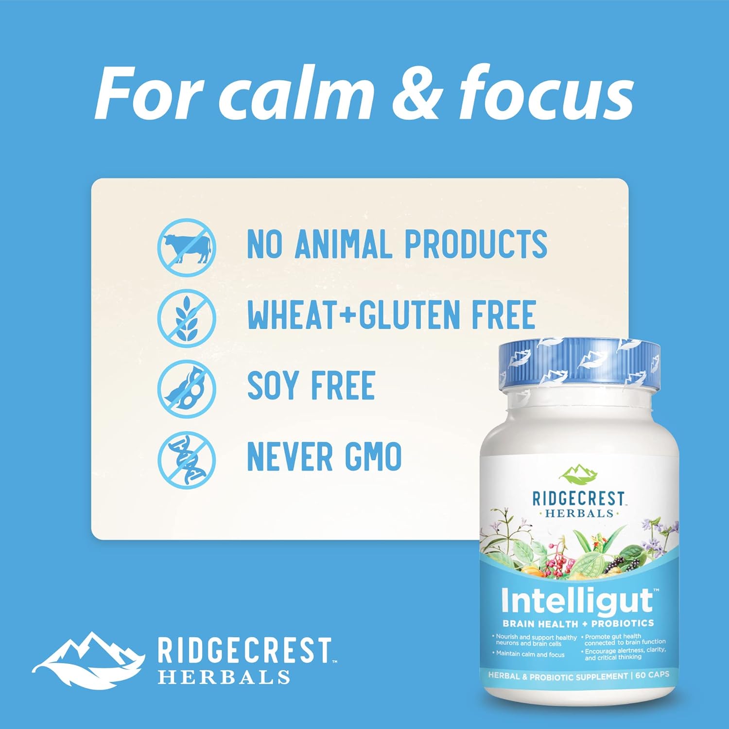 RidgeCrest Herbals Intelligut: Memory and Focus Supplement with Ginkgo Biloba, Lemon Balm Extract, Probiotics - 60 Vegan Capsules