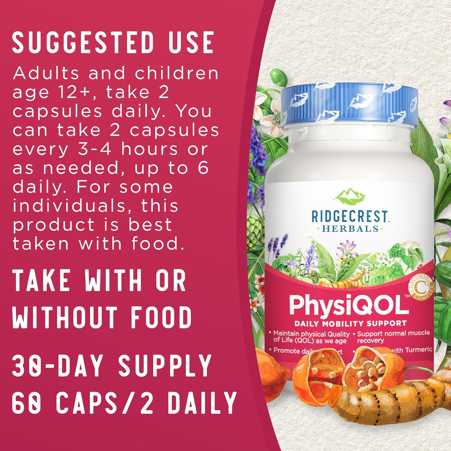 Ridgecrest Herbals PhysiQOL Herbal Supplement Capsules with Boswellia & Turmeric - 60 Vegan Capsules, 30 Servings