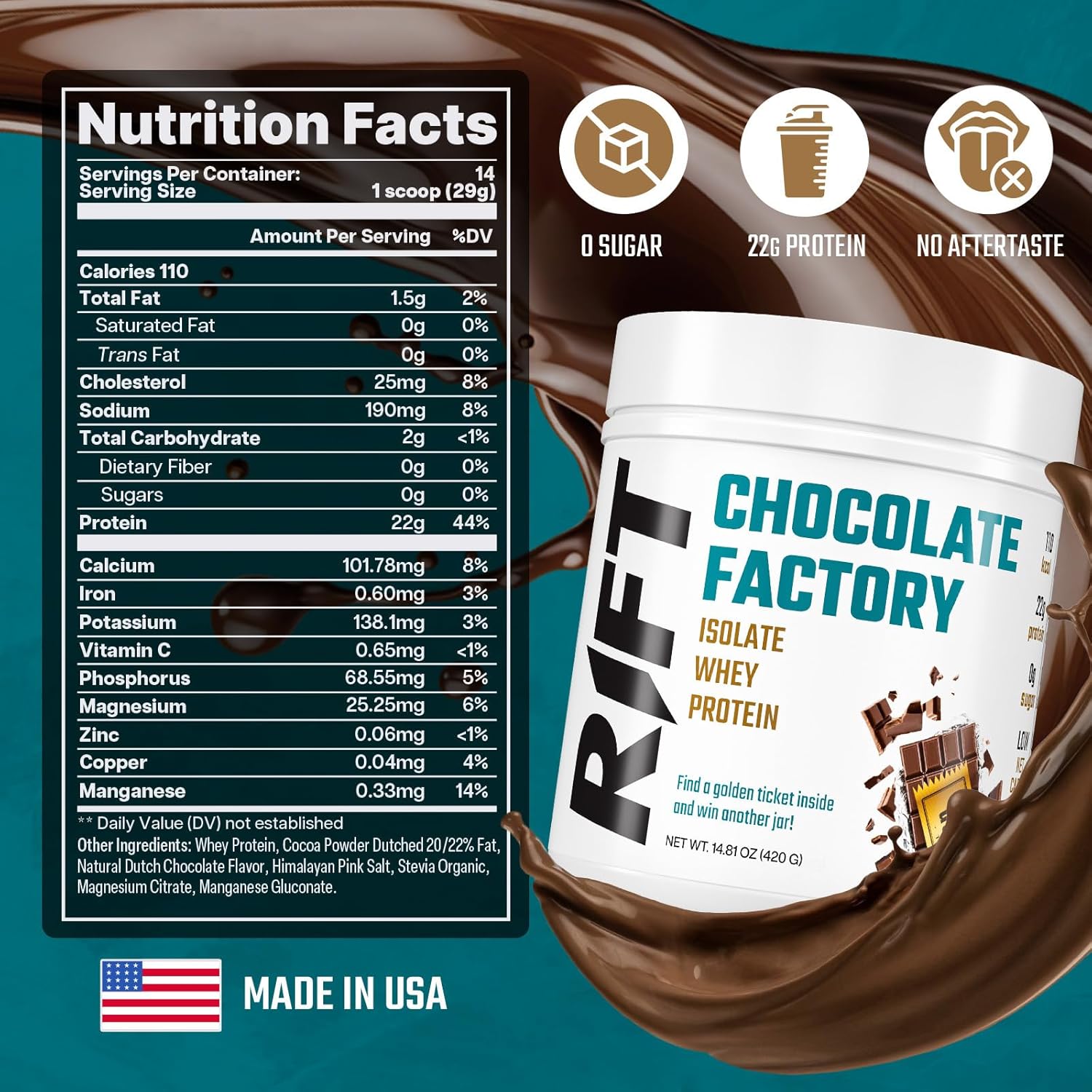RIFT Chocolate Whey Protein Powder - Best Tasting, No Artificial Flavors - Keto Friendly, 0g Sugar, Muscle Recovery & Growth Support [14.8oz]