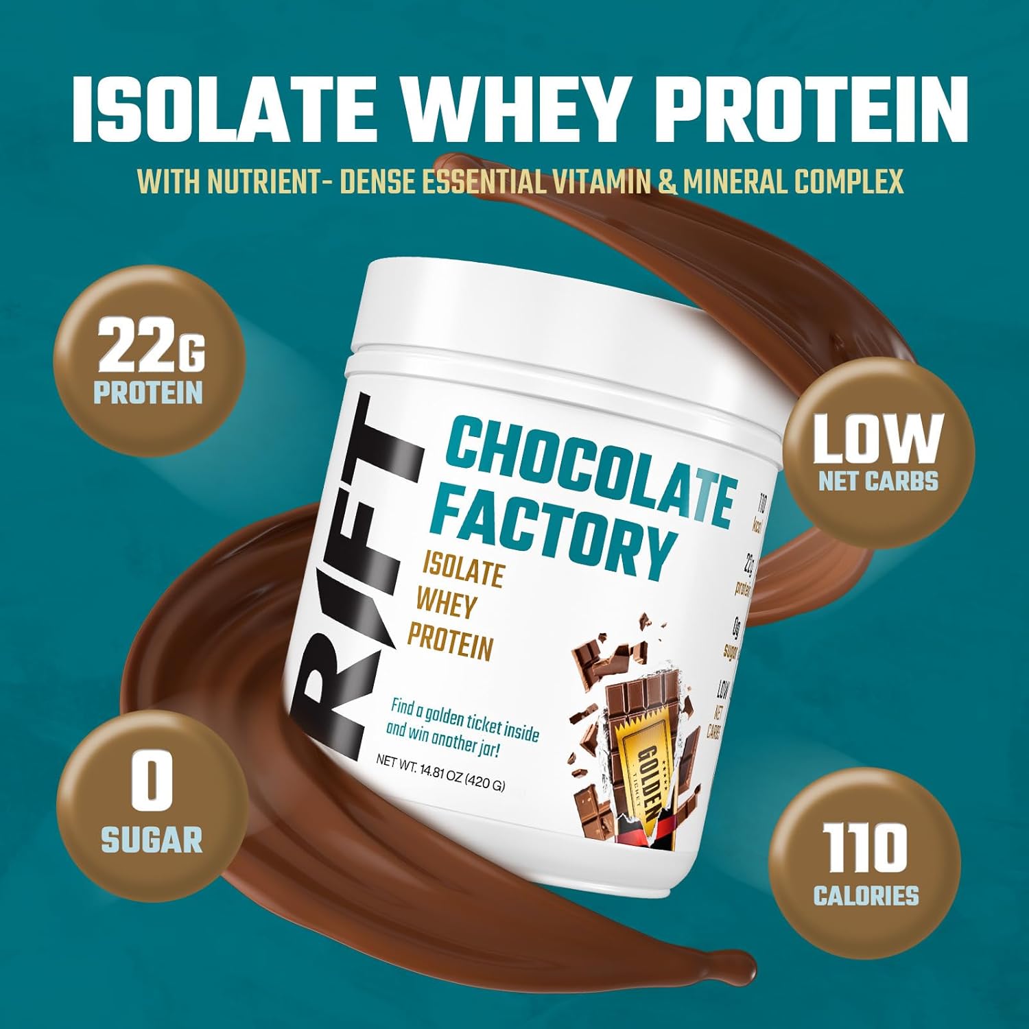 RIFT Chocolate Whey Protein Powder - Best Tasting, No Artificial Flavors - Keto Friendly, 0g Sugar, Muscle Recovery & Growth Support [14.8oz]
