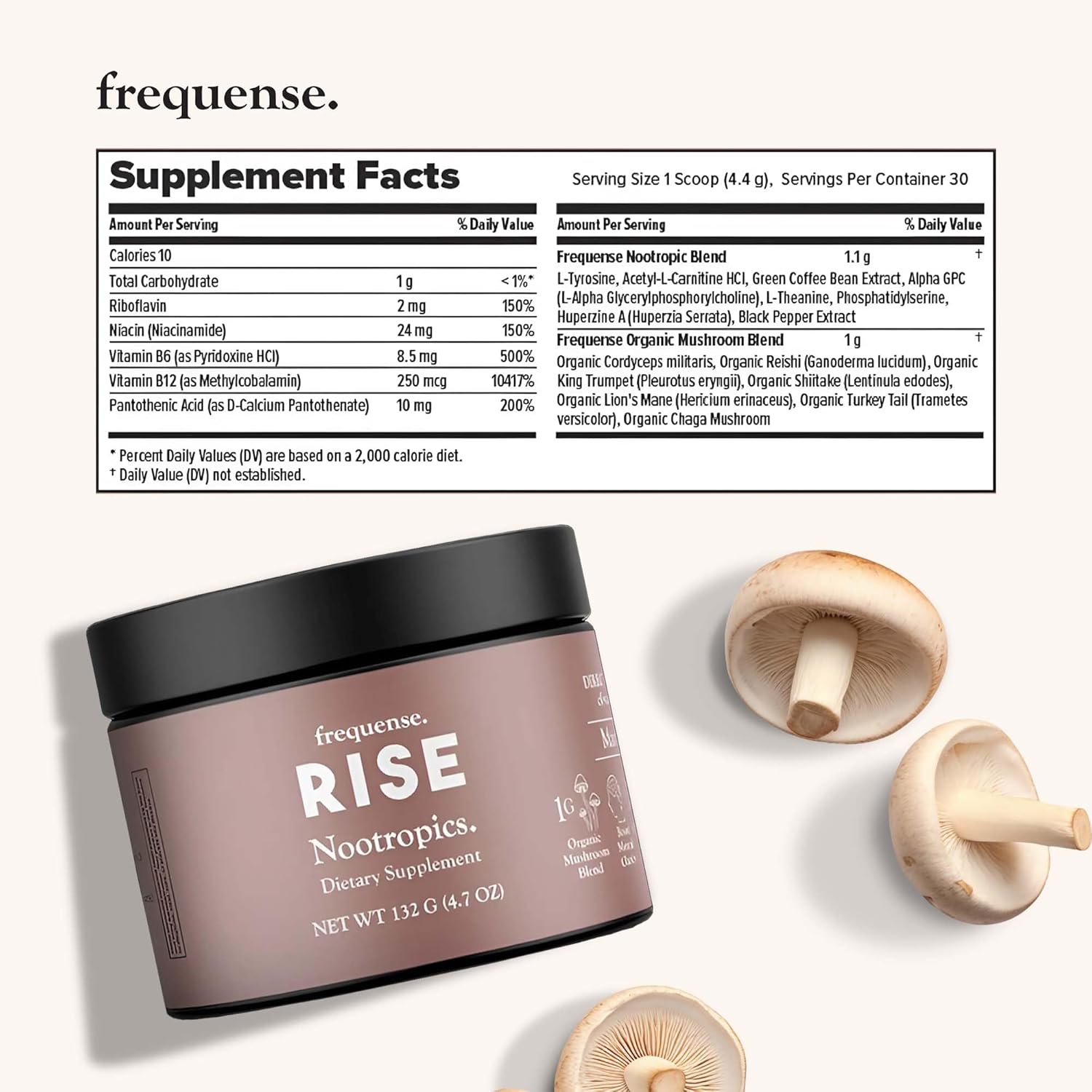 Rise Nootropic Tub - Mango Lemonade Flavor - Boost Brain Performance with Mushrooms, B Vitamins, & Green Coffee - 132g