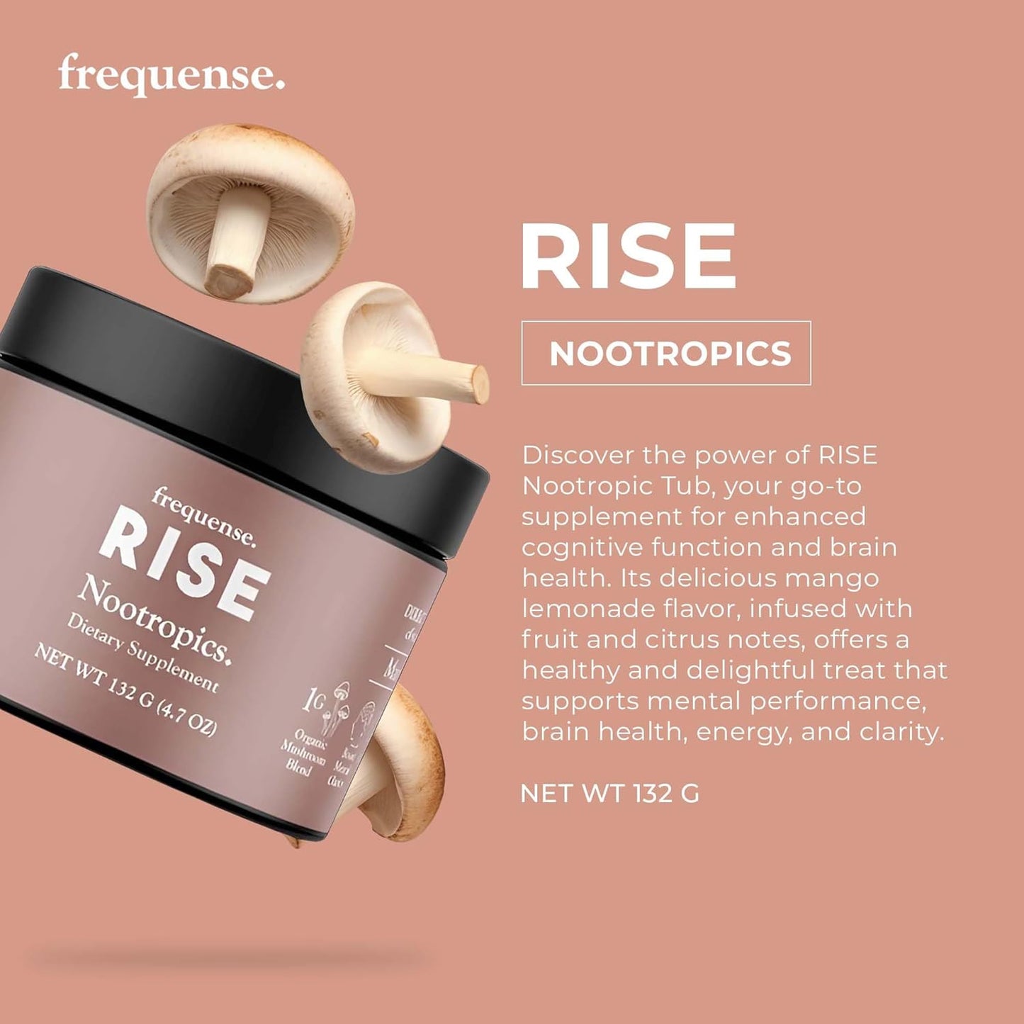 Rise Nootropic Tub - Mango Lemonade Flavor - Boost Brain Performance with Mushrooms, B Vitamins, & Green Coffee - 132g