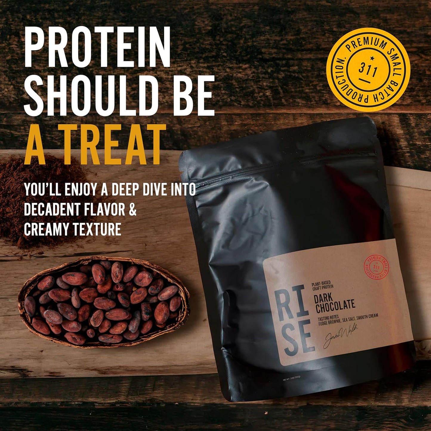 RISE311 Dark Chocolate Plant-Based Protein Powder - 30g Smooth & Creamy Protein for Men & Women, Supports Well-Being, Small Batch - 15 Servings