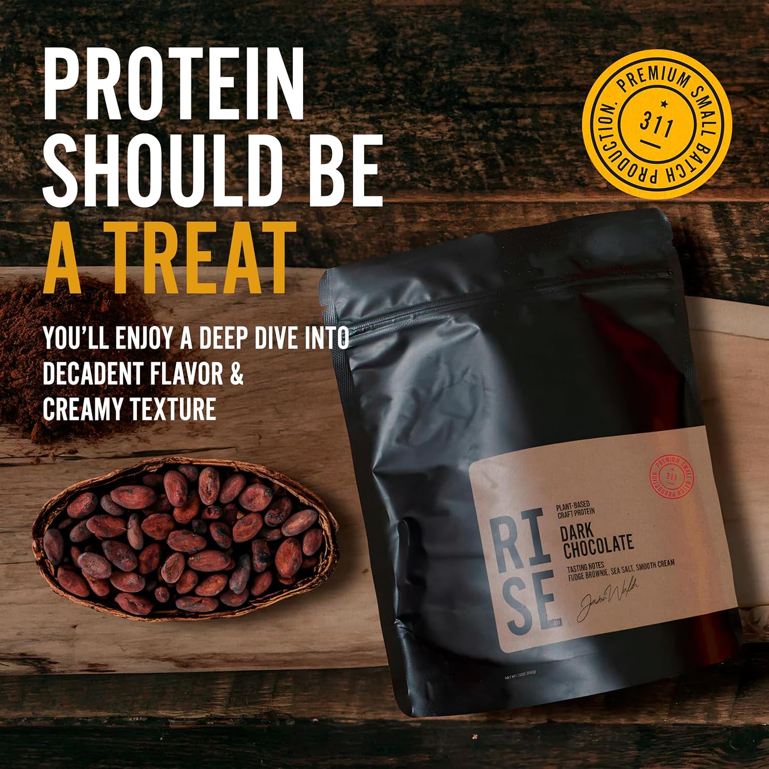 RISE311 Dark Chocolate Plant-Based Protein Powder - 30g Smooth & Creamy Protein for Men & Women, Supports Well-Being, Small Batch - 15 Servings