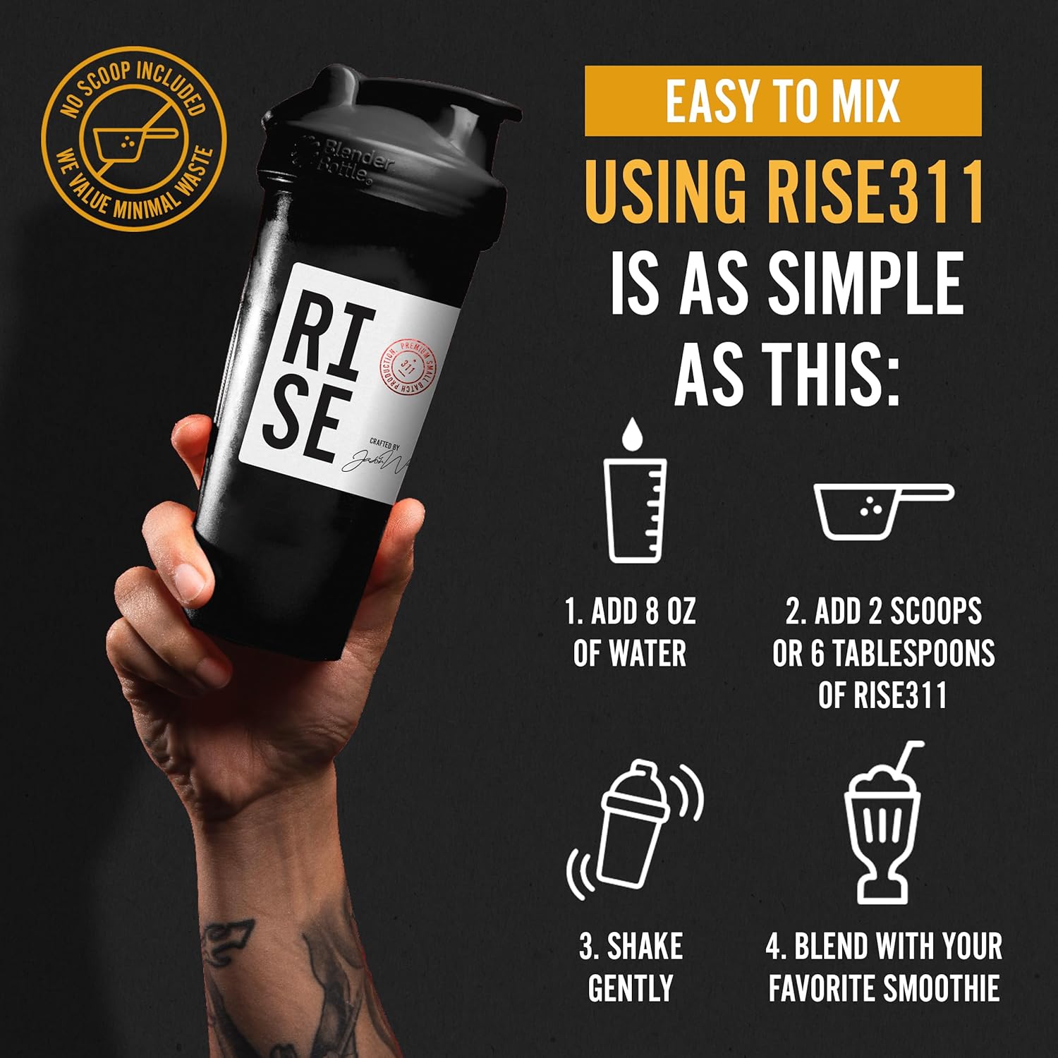 RISE311 Dark Chocolate Plant-Based Protein Powder - 30g Smooth & Creamy Protein for Men & Women, Supports Well-Being, Small Batch - 15 Servings