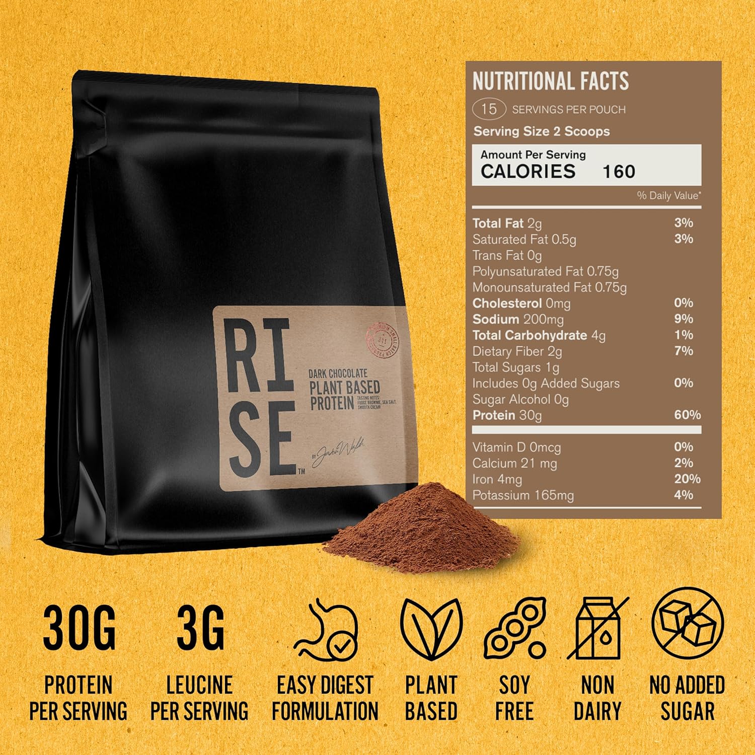 RISE311 Dark Chocolate Plant-Based Protein Powder - 30g Smooth & Creamy Protein for Men & Women, Supports Well-Being, Small Batch - 15 Servings