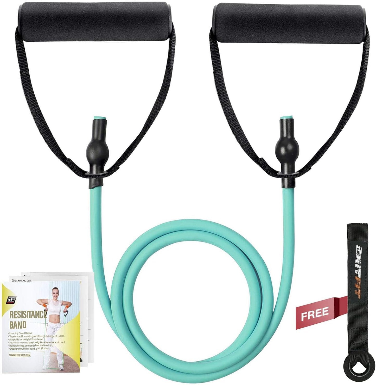 RitFit Single Resistance Exercise Band with Comfortable Handles - Perfect for Physical Therapy, Strength Training, Muscle Toning - Includes Door Anchor and Starter Guide