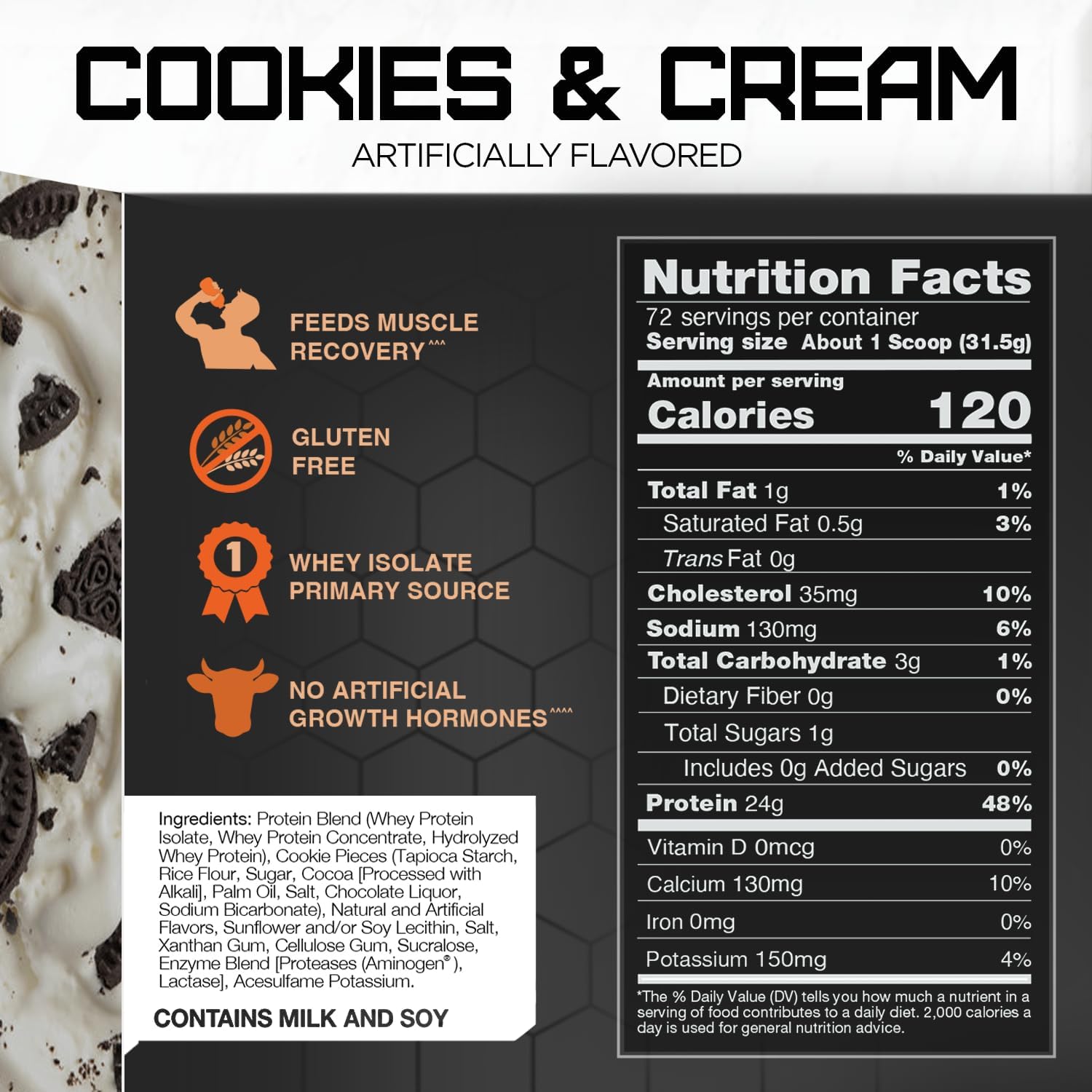 Rival Nutrition Whey Protein Powder - Cookies & Cream Flavor, 5lbs - Muscle Building Supplement