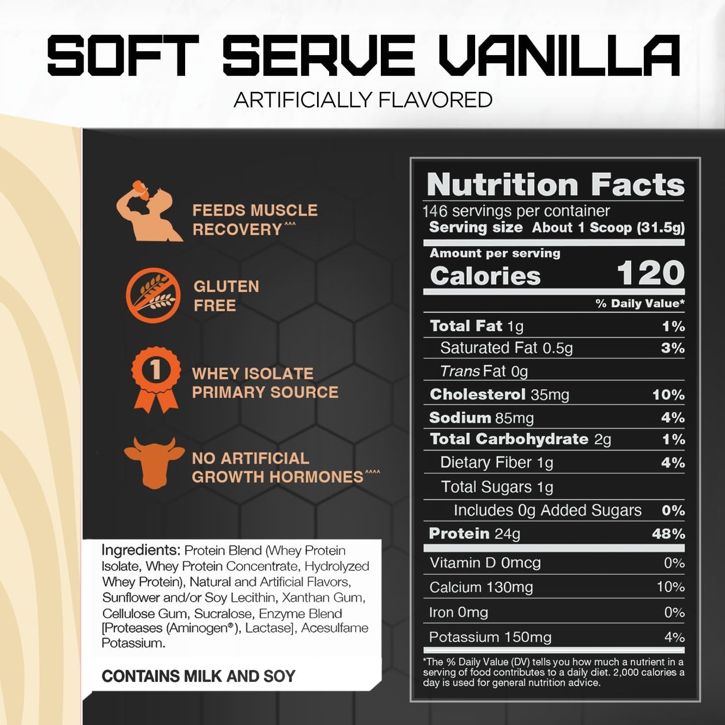 RIVAL NUTRITION Whey Protein Powder - Soft Serve Vanilla Flavor, 10lbs Size