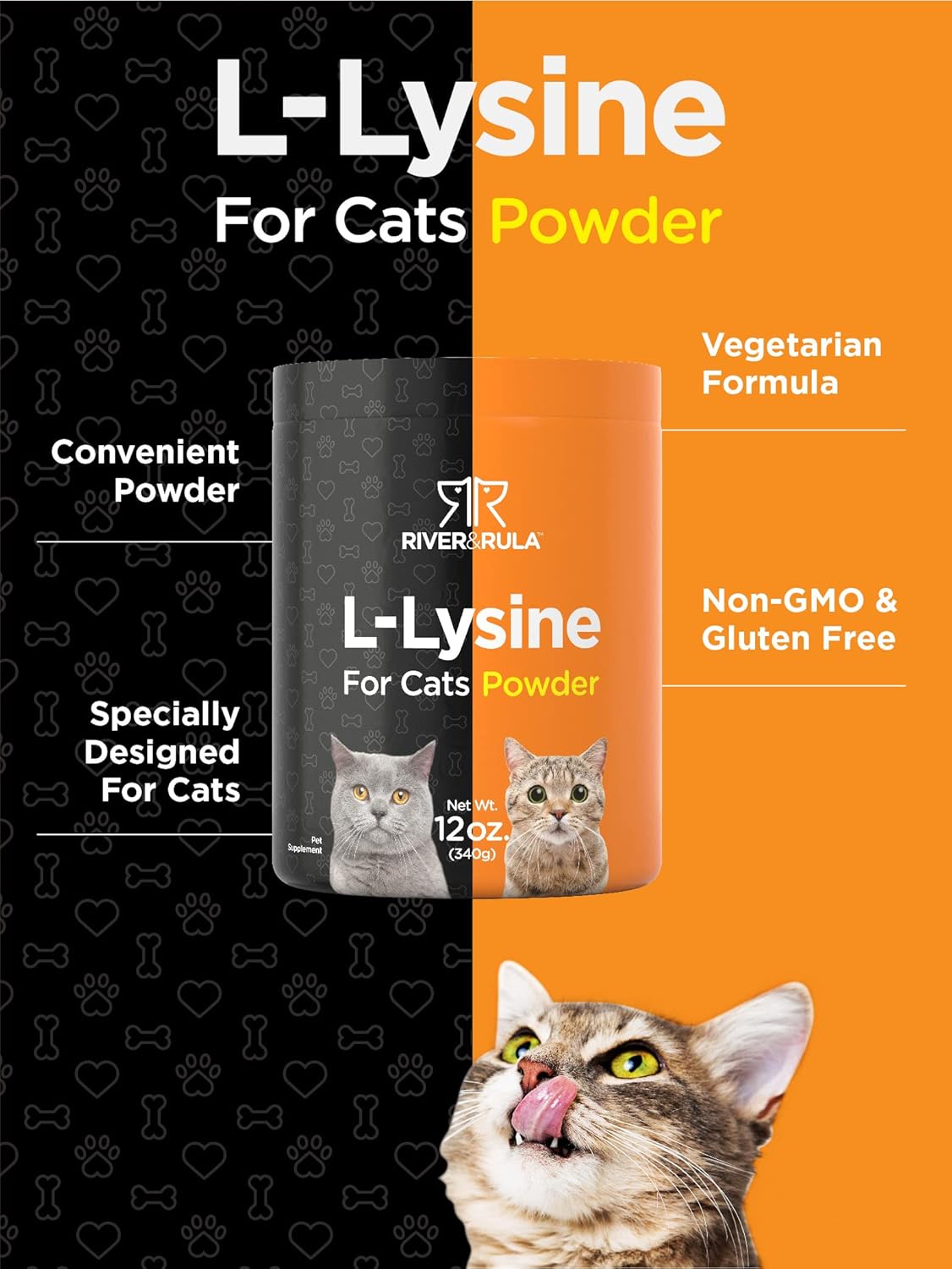River & RULA 500mg L-Lysine Powder for Cats | 12oz Cat Health Supplement | Non-GMO Vegetarian Formula