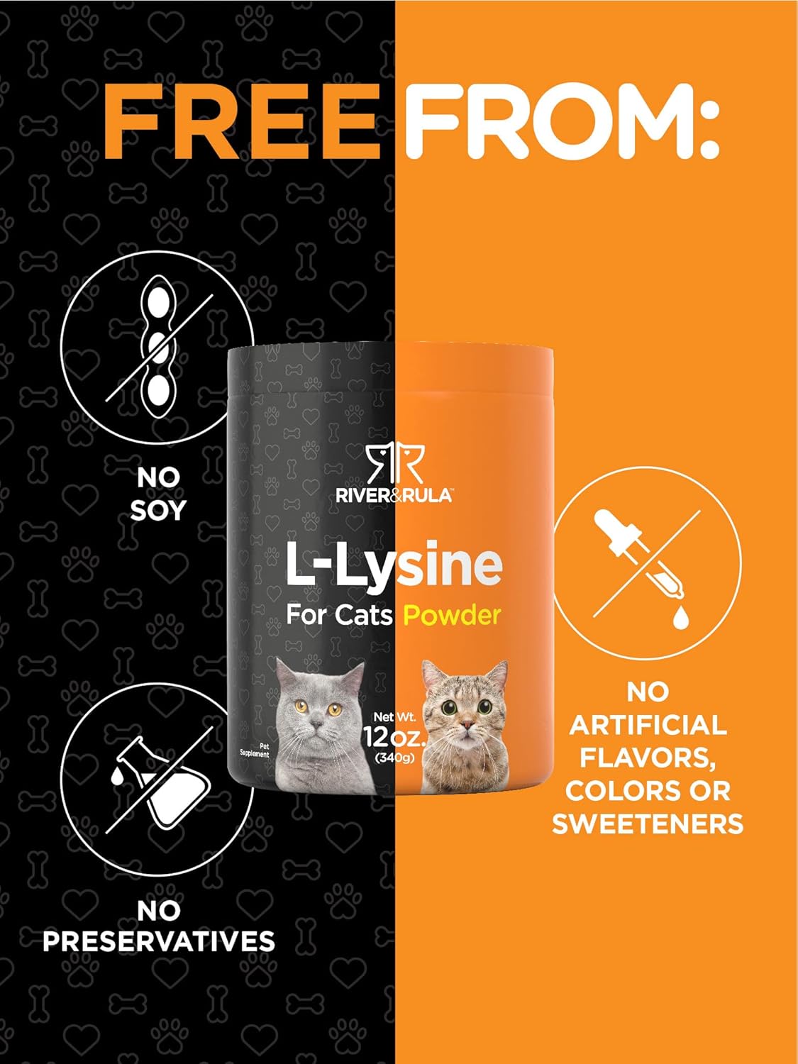 River & RULA 500mg L-Lysine Powder for Cats | 12oz Cat Health Supplement | Non-GMO Vegetarian Formula