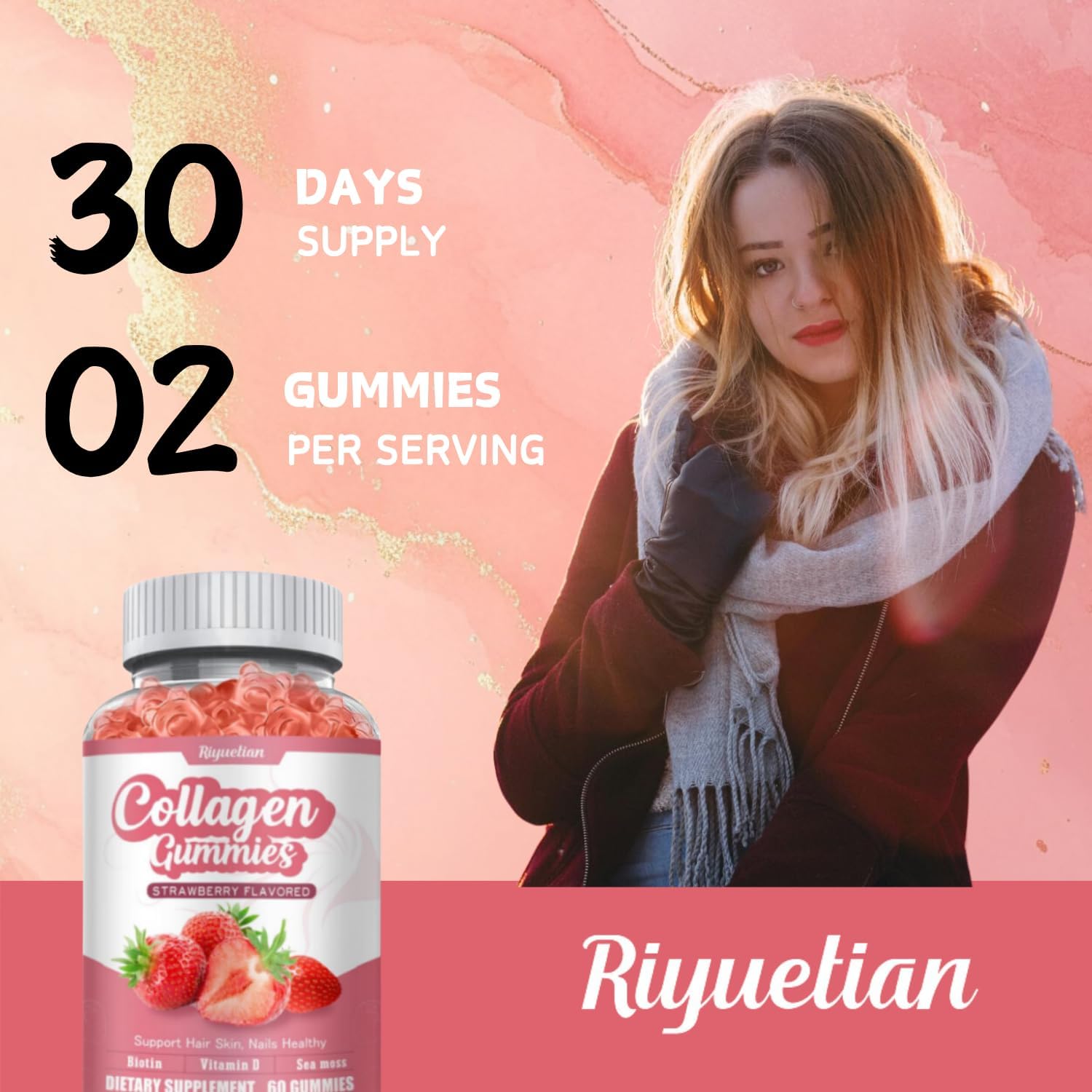 Riyuetian 2 Pack Collagen and Biotin with Irish Sea Moss - Hair, Skin, Nails, Joints, Anti Aging - Vegan - 120 capsules