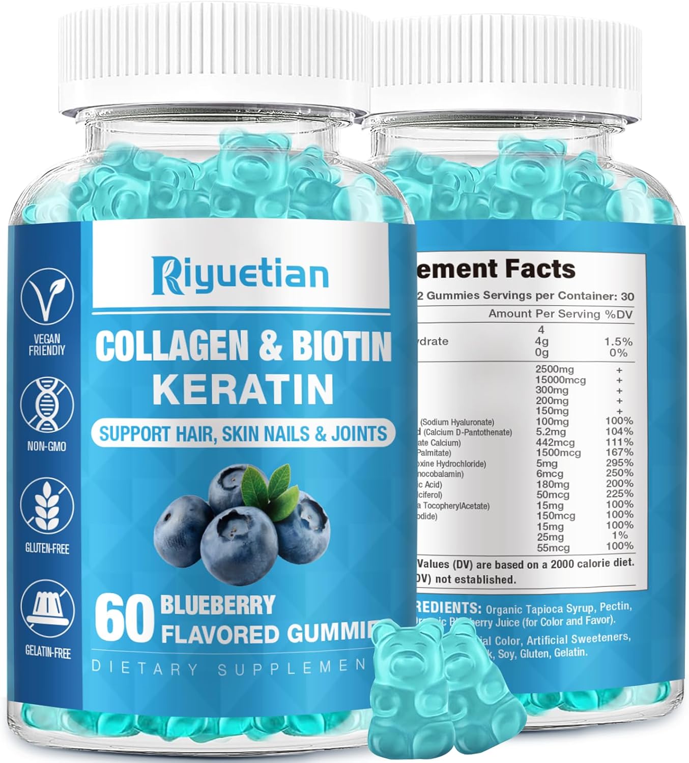 Riyuetian Biotin and Collagen Gummies for Hair, Skin, and Nails - 60 Vegan Gummies for Women and Men - Non-GMO Hair Vitamins with 15000mcg Biotin