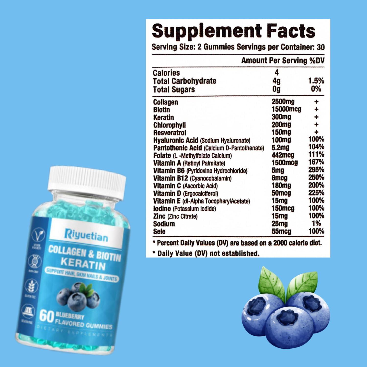 Riyuetian Biotin and Collagen Gummies for Hair, Skin, and Nails - 60 Vegan Gummies for Women and Men - Non-GMO Hair Vitamins with 15000mcg Biotin