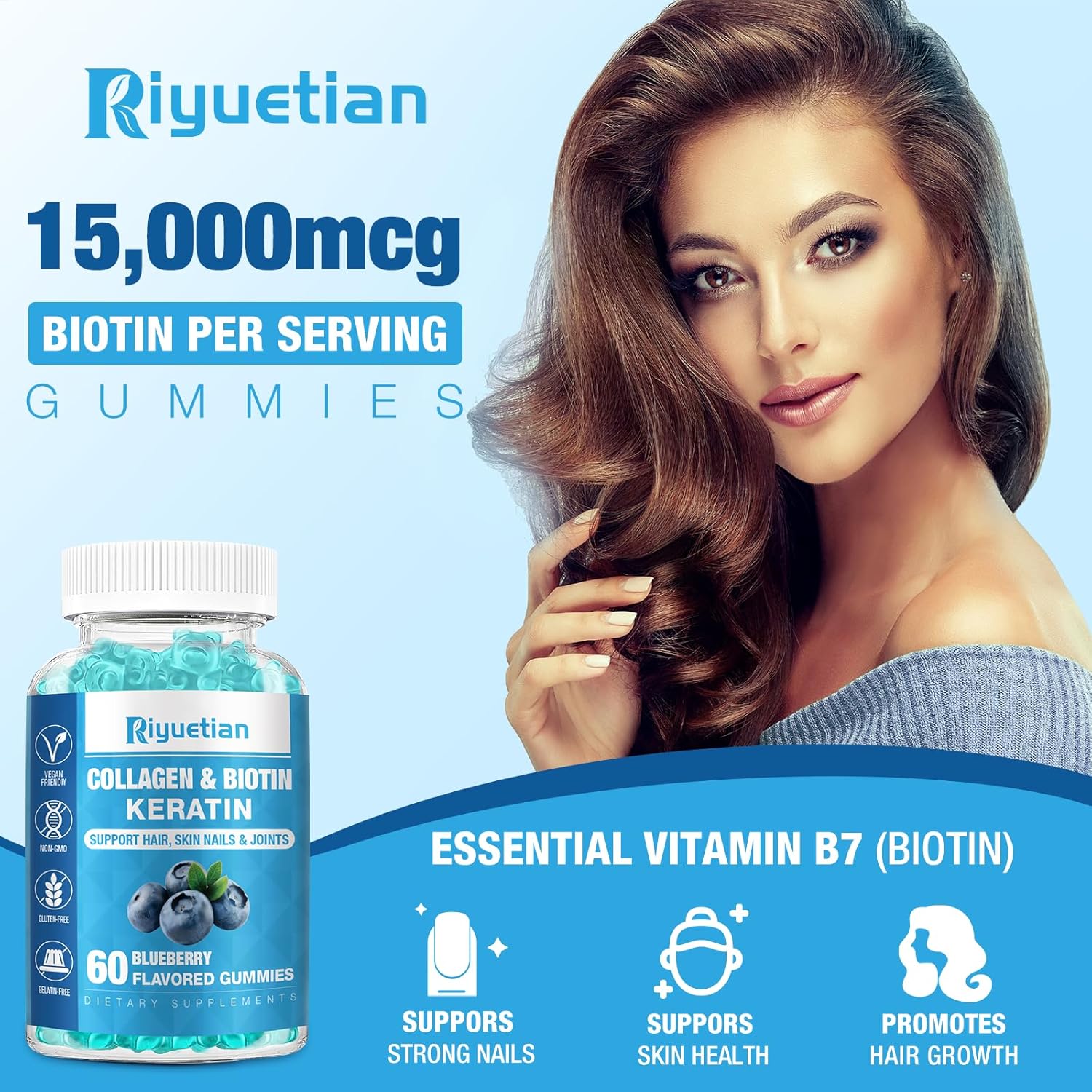 Riyuetian Biotin and Collagen Gummies for Hair, Skin, and Nails - 60 Vegan Gummies for Women and Men - Non-GMO Hair Vitamins with 15000mcg Biotin