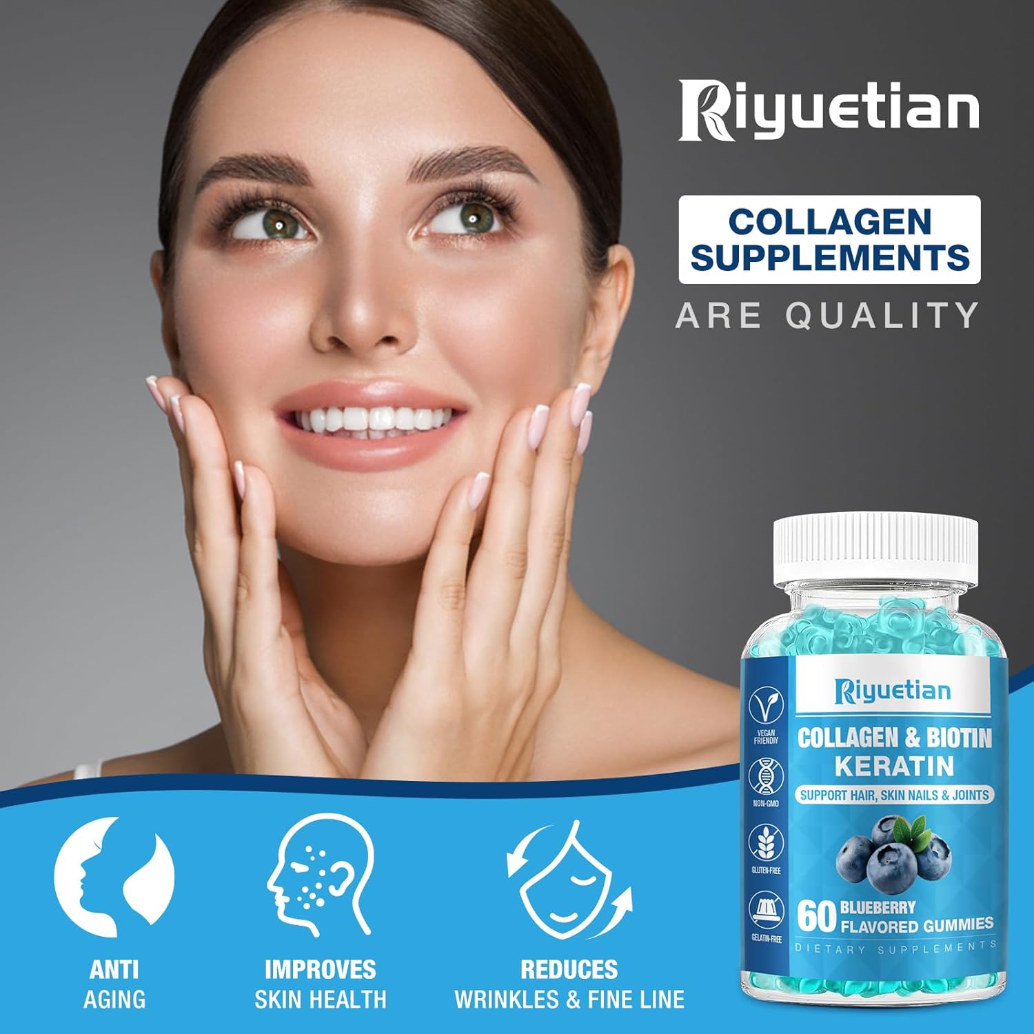 Riyuetian Biotin and Collagen Gummies for Hair, Skin, and Nails - 60 Vegan Gummies for Women and Men - Non-GMO Hair Vitamins with 15000mcg Biotin