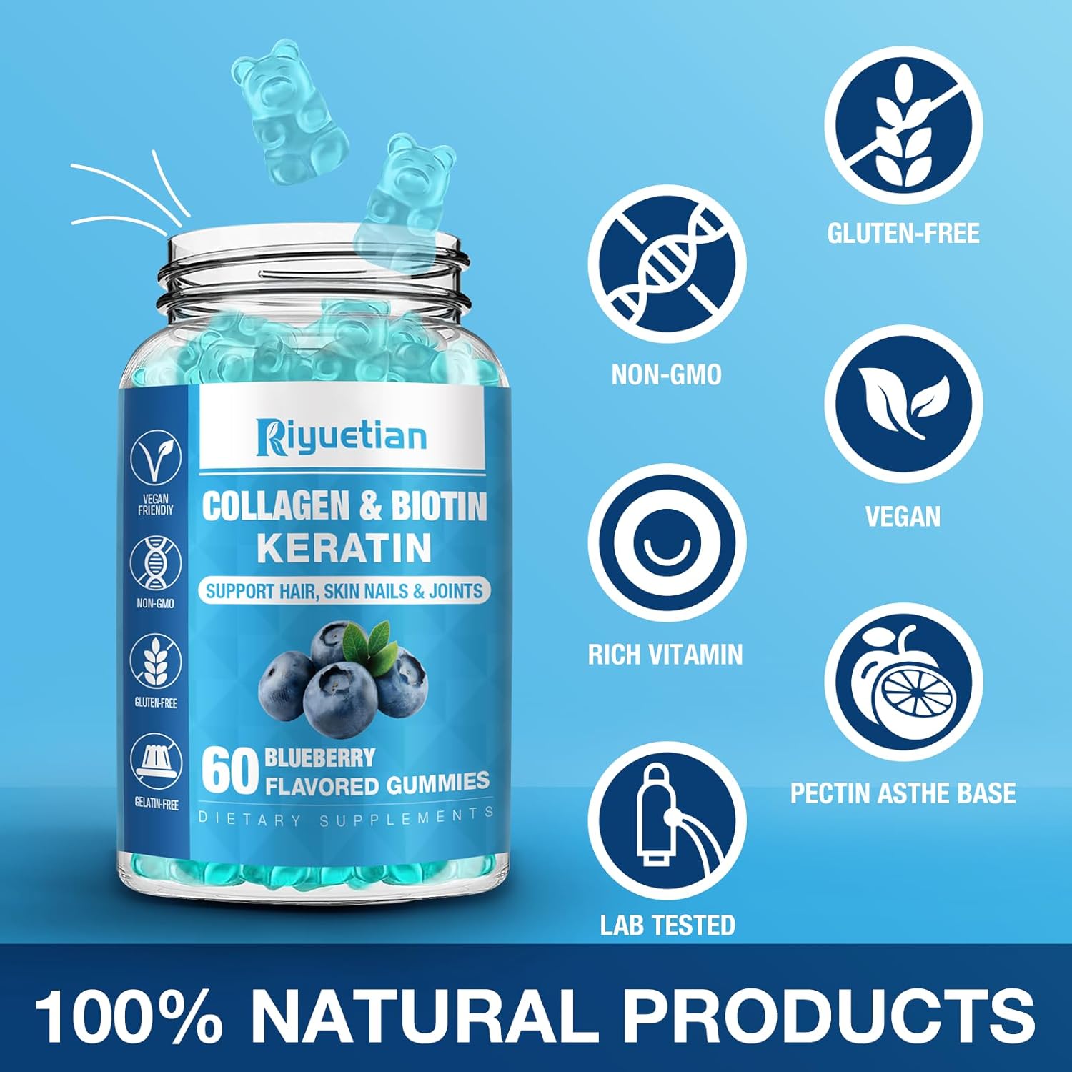 Riyuetian Biotin and Collagen Gummies for Hair, Skin, and Nails - 60 Vegan Gummies for Women and Men - Non-GMO Hair Vitamins with 15000mcg Biotin