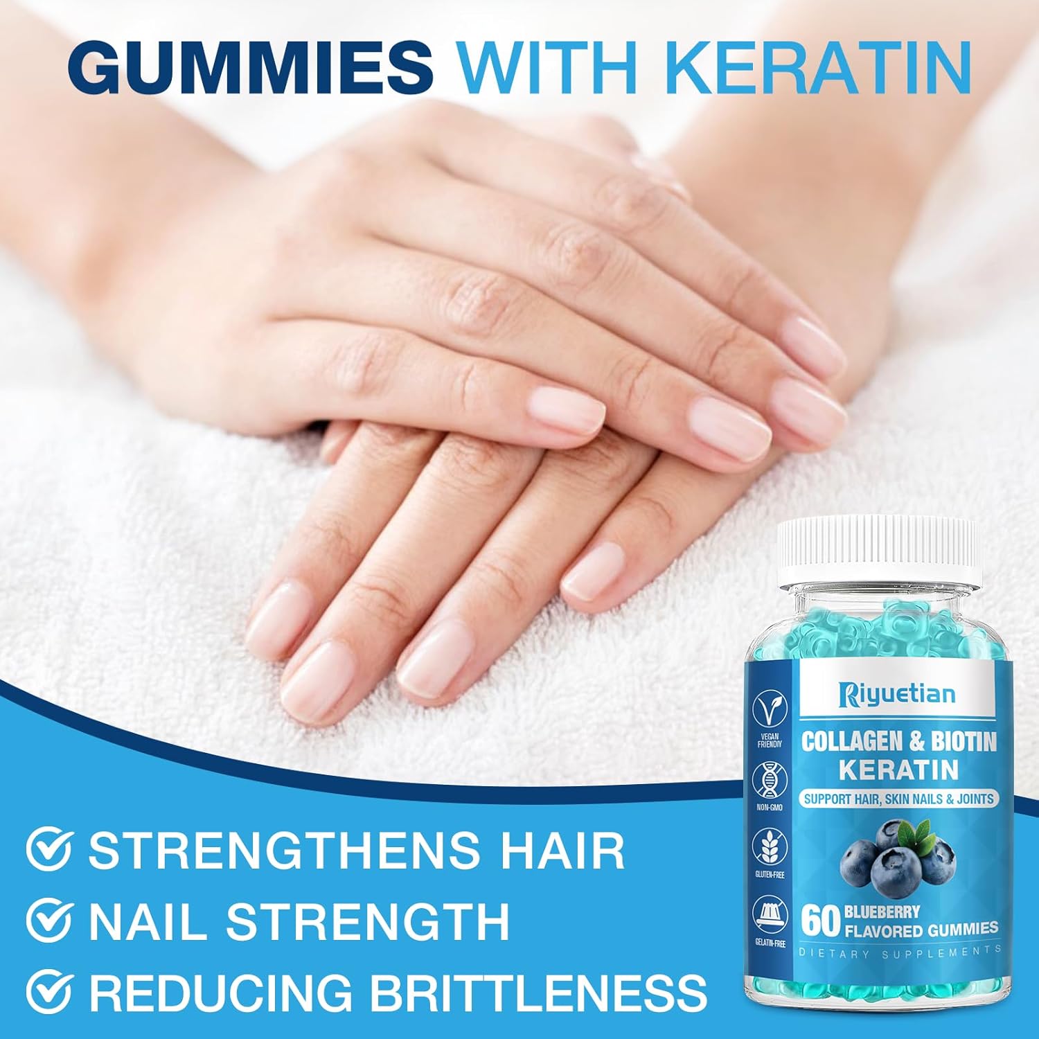 Riyuetian Biotin and Collagen Gummies for Hair, Skin, and Nails - 60 Vegan Gummies for Women and Men - Non-GMO Hair Vitamins with 15000mcg Biotin