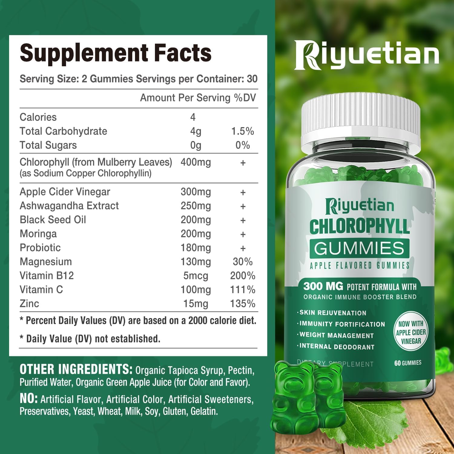 Riyuetian Vegan Chlorophyll Gummies with ACV, Sea Moss, Elderberry, Echinacea - Energy Boost, Immune Support, Natural Deodorant - 60 Gummies