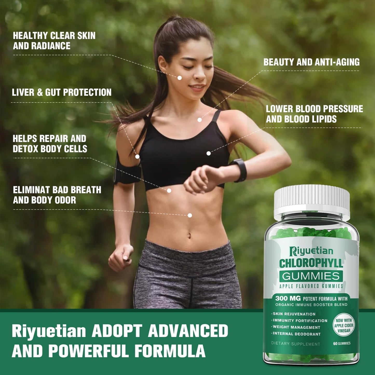 Riyuetian Vegan Chlorophyll Gummies with ACV, Sea Moss, Elderberry, Echinacea - Energy Boost, Immune Support, Natural Deodorant - 60 Gummies