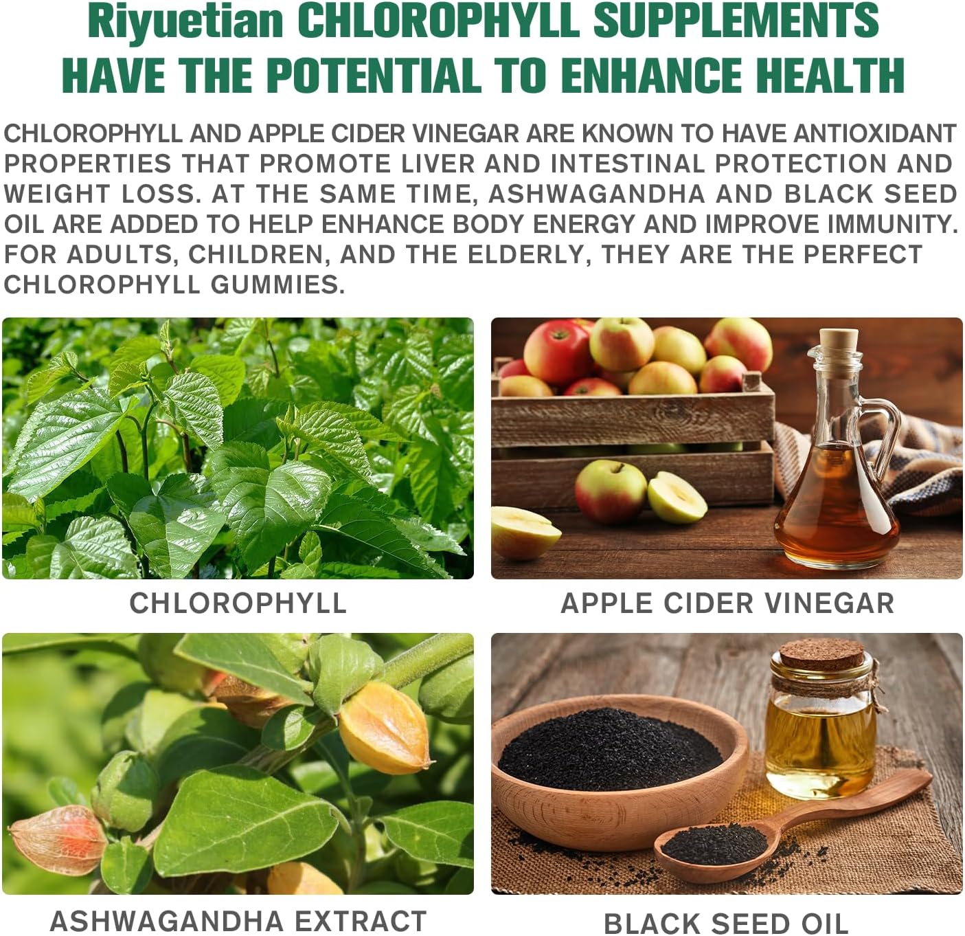 Riyuetian Vegan Chlorophyll Gummies with ACV, Sea Moss, Elderberry, Echinacea - Energy Boost, Immune Support, Natural Deodorant - 60 Gummies