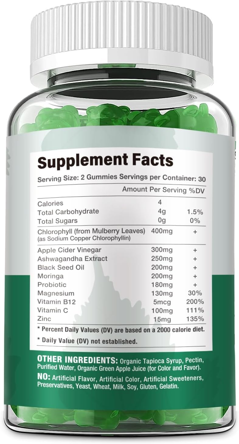 Riyuetian Vegan Chlorophyll Gummies with ACV, Sea Moss, Elderberry, Echinacea - Energy Boost, Immune Support, Natural Deodorant - 60 Gummies